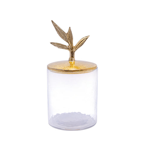 SUCRIER VERRE TRANSPARENT COUVERCLE METAL DORE FLEUR DORE 3 FEUILLES 2 PCS PM L'Atelier de Dadi - vaisselle de luxe - Dakar - Senegal