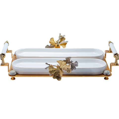 PRESENTOIR 2 COMPARTIMENTS OVALE BLANC DORE FLEUR ARGENTE DORE - L'Atelier de Dadi - vaisselle de luxe - Dakar - Senegal