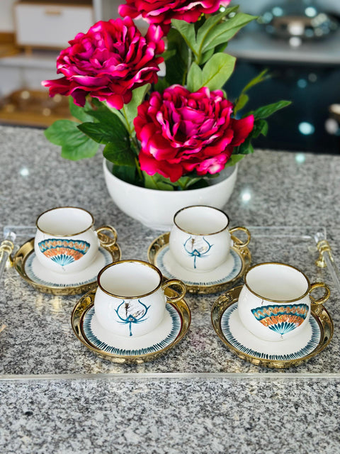 TASSE PETIT DEJEUNER BLANC DORE EVENTAIL FLEUR PLUME 6 PCS,l'Atelier de Dadi, Boutique, Dakar